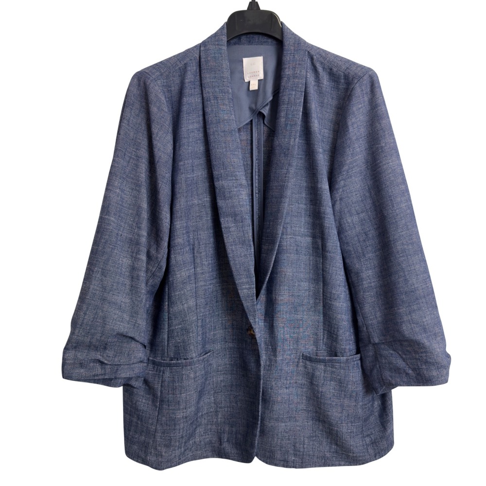 LC Lauren Conrad Blue Ruched 3/4 Sleeve Blazer Jacket XXL Shawl Lapel Chambray